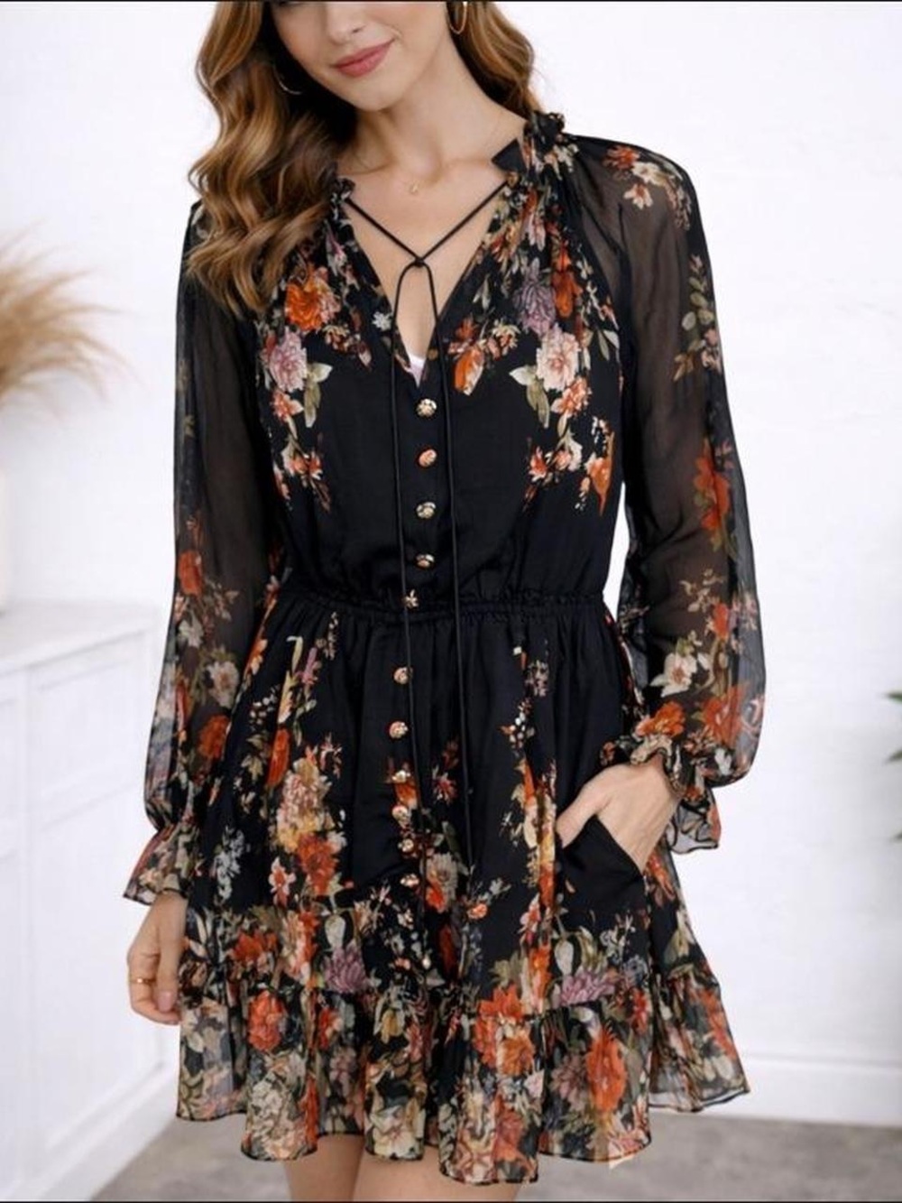 NWT Commense Semi-Sheer Chiffon Floral Print Belted Dress Size Small